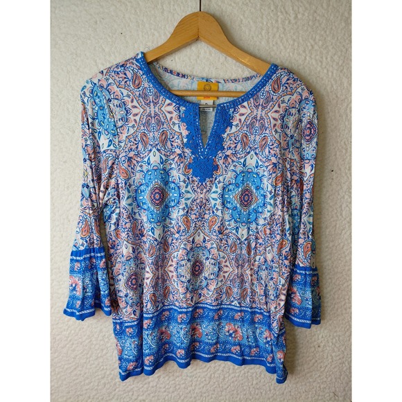 Ruby Rd. Tops - Ruby Rd Womens Blue Paisley Mandala Crochet Split Neck Bell Sleeve Top 42004 LV